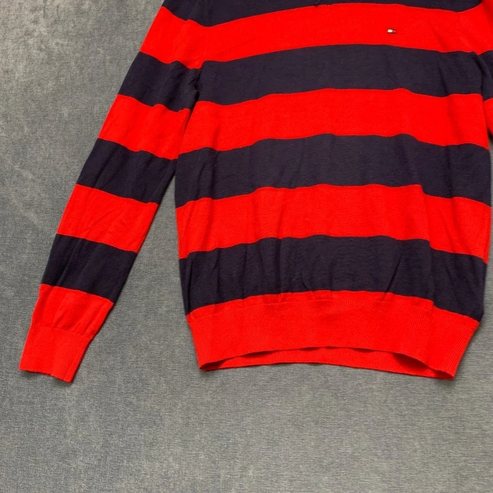 Tommy Hilfiger Sweater Mens Small Navy Blue Red Striped Cotton Tight Knit Winter